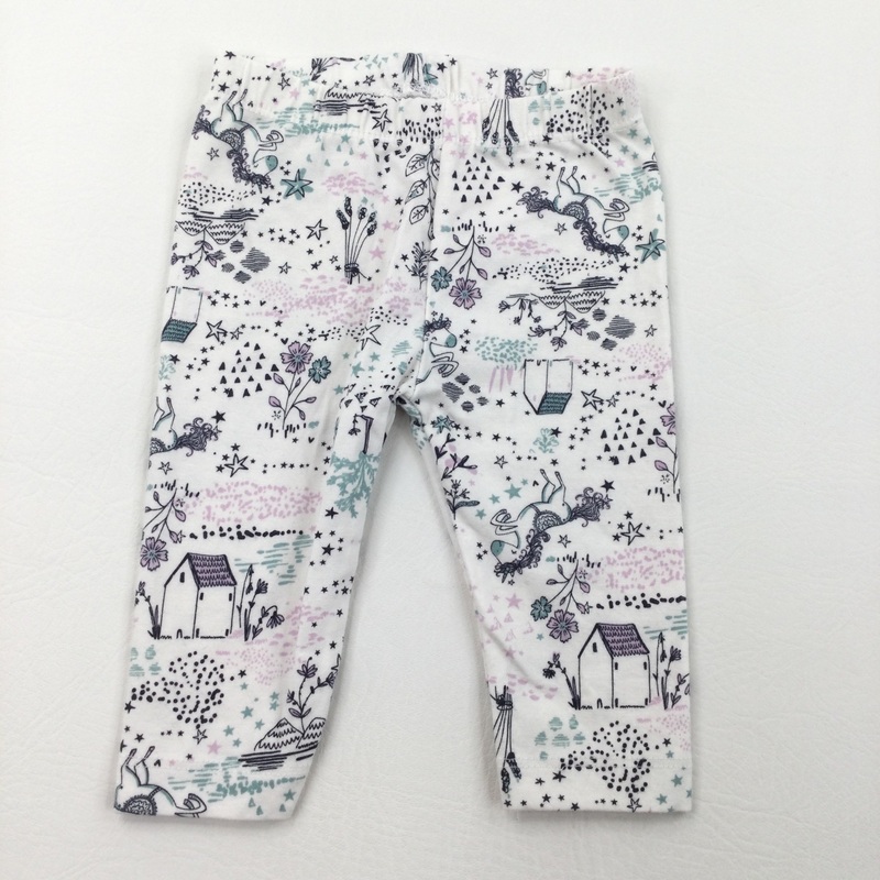 Unicorns & Flowers White Leggings - Girls 0-3 Months