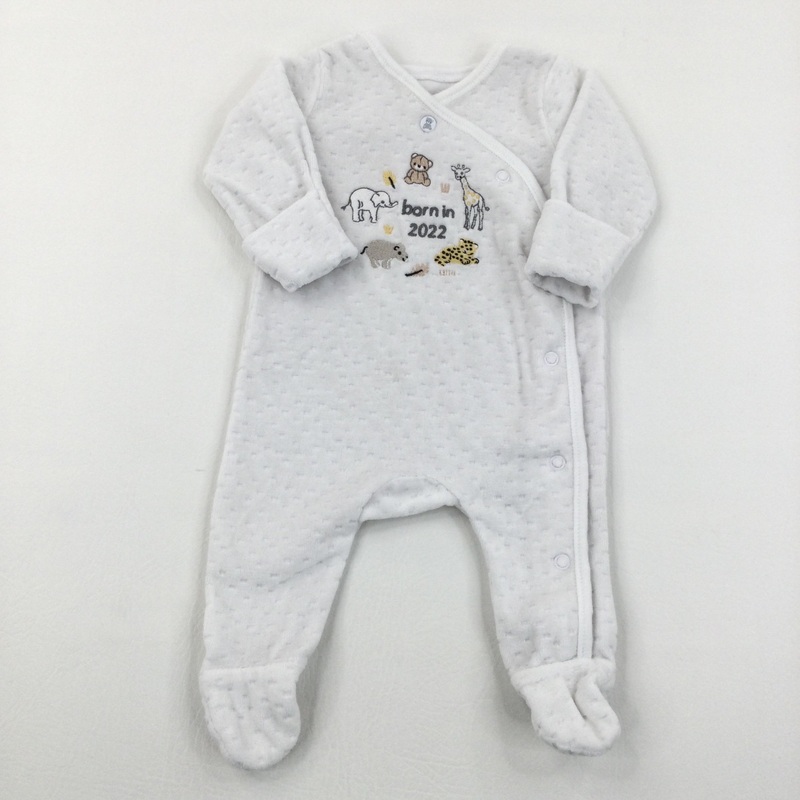 'Born In 2022' White Velour Babygrow - Boys/Girls Newborn