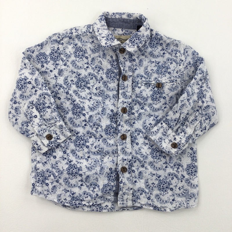 Paisley Print Blue & White Long Sleeve Shirt - Boys 12-18 Months