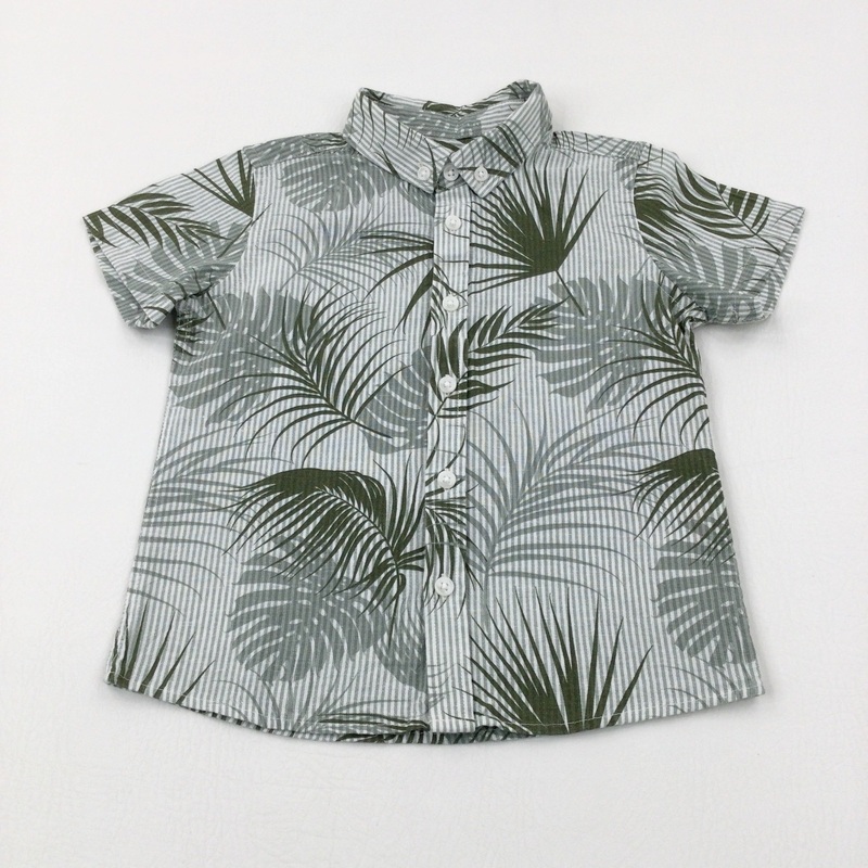 Tropical Leaves Green Striped Short Sleeve Shirt - Boys 18-24 Months