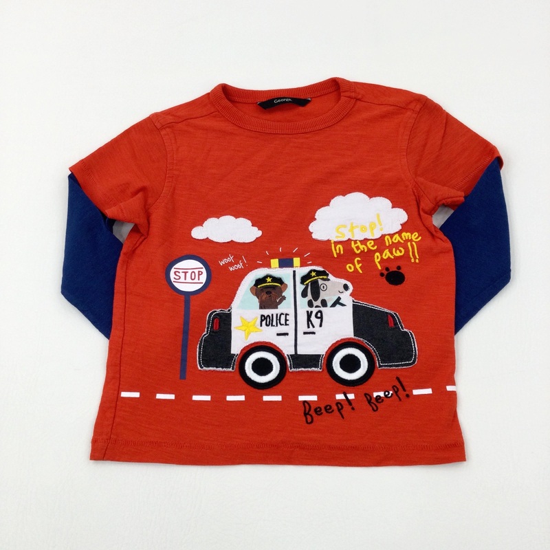'Beep! Beep!' Police Car Appliqued Red & Navy Long Sleeve Top - Boys 2-3 Years