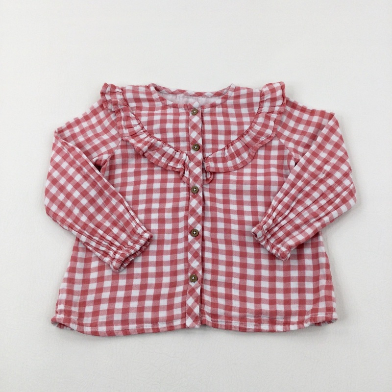 Coral Pink Checked Long Sleeve Blouse - Girls 3-4 Years