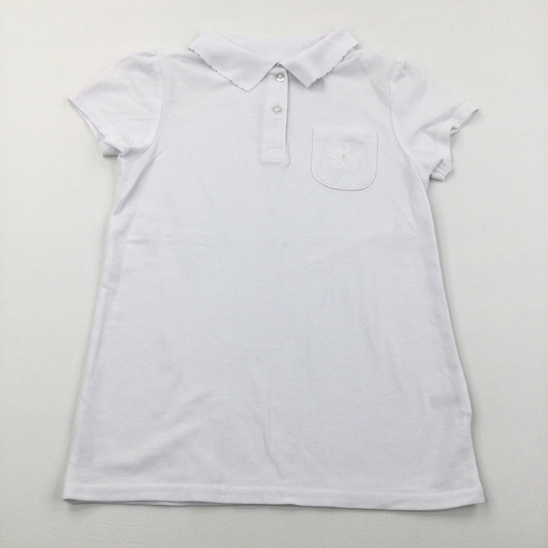 Flower Pocket White School Polo Shirt - Girls 12 Years