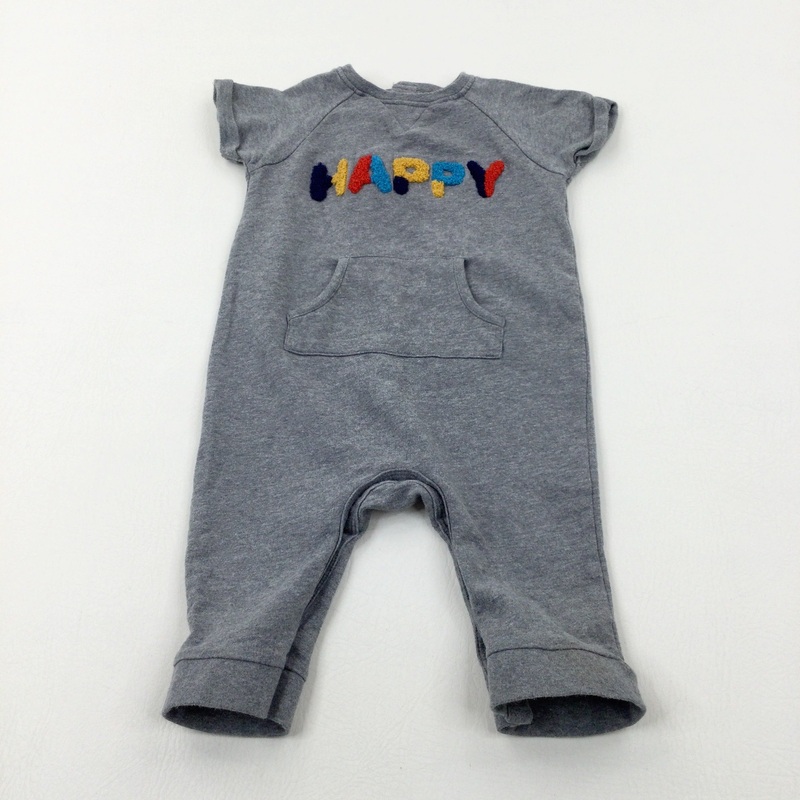 'Happy' Embroidered Grey Short Sleeve Romper - Boys 12-18 Months