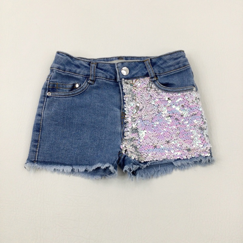 Sequin Flip Mid Blue Denim Shorts With Adjustable Waist - Girls 3-4 Years