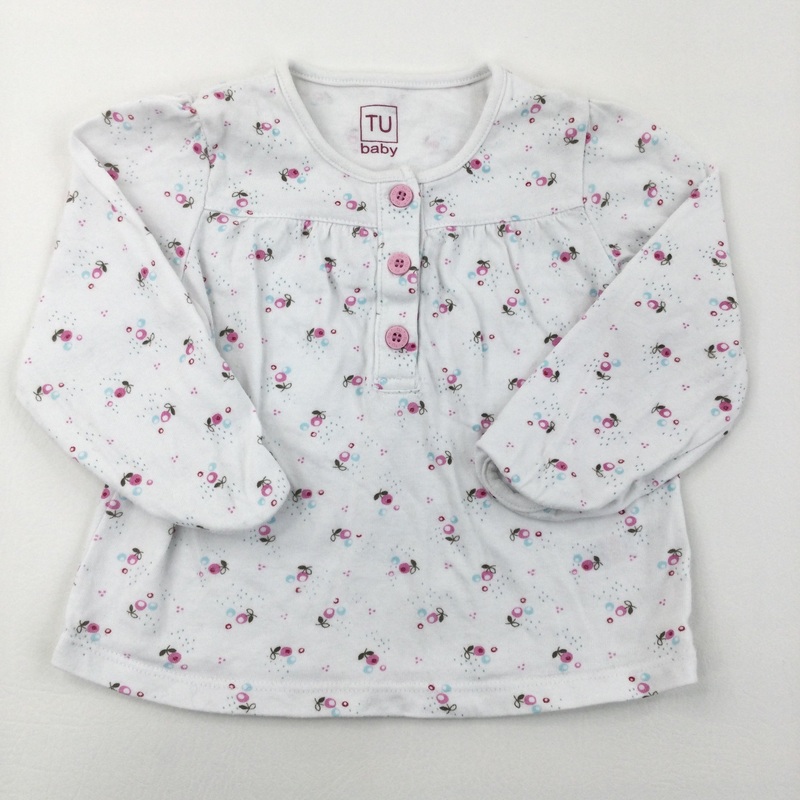 White Pink & Blue Long Sleeve Top - Girls 9-12 Months