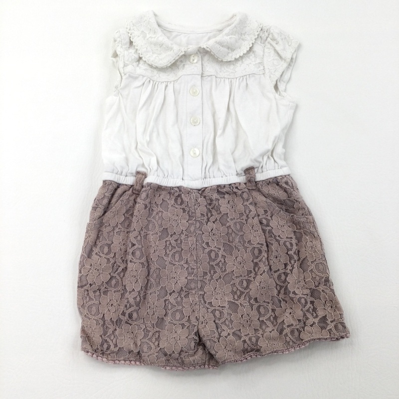 Lace Overlay White & Brown Romper - Girls 12-18 Months
