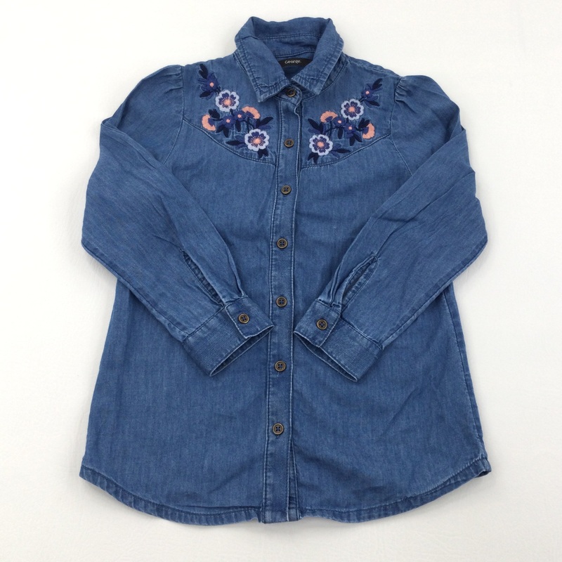 Flowers Embroidered Denim Look Long Sleeve Shirt - Girls 4-5 Years