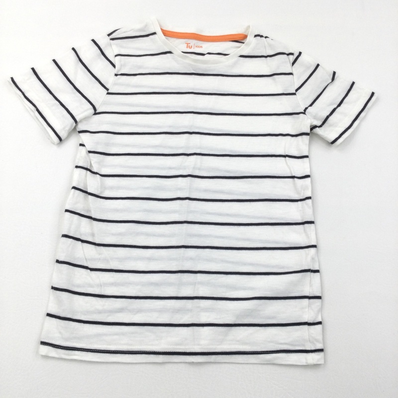 White & Navy Stripe T-Shirt - Boys 7 Years