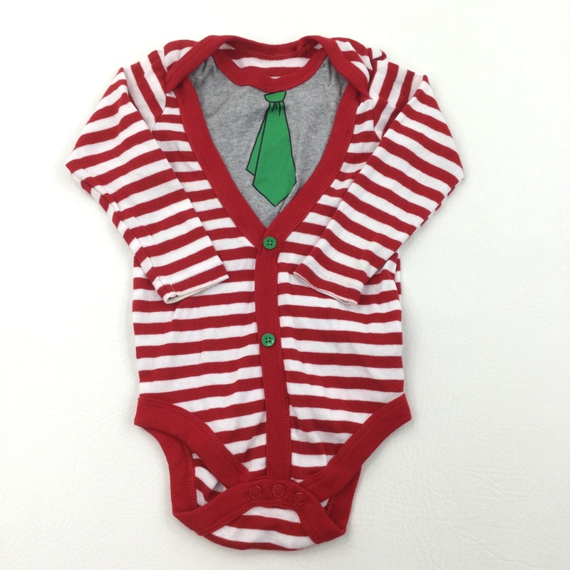 Tie Look Red & White Stripe Long Sleeve Bodysuit - Boys 6-12 Months