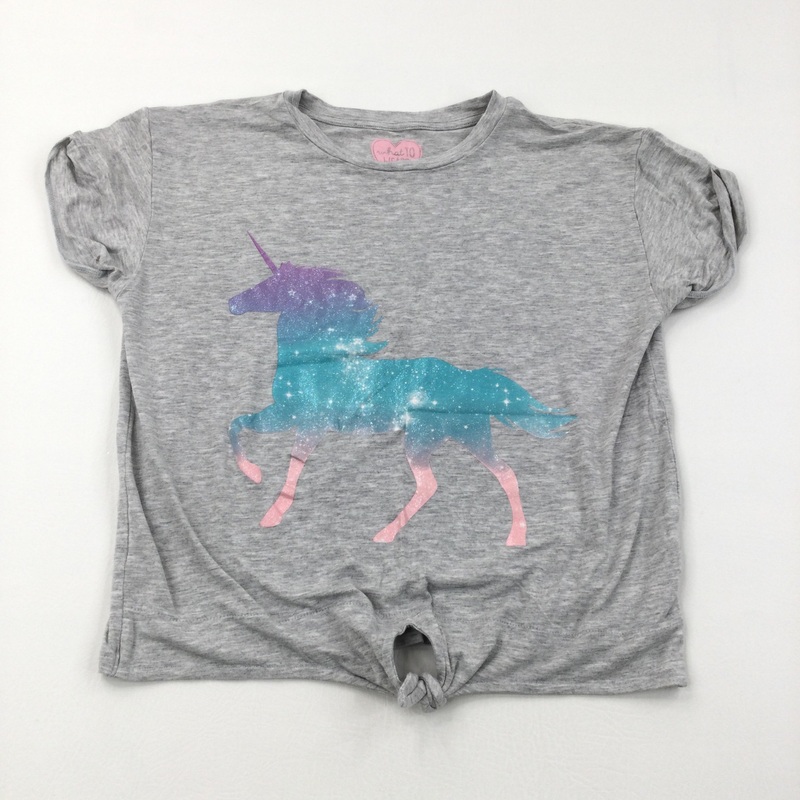 Unicorn Tie Front Grey T-Shirt - Girls 11-12 Years