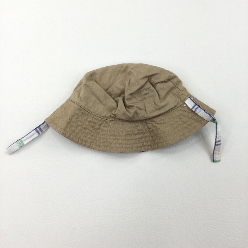 Reversible Sun Hat, Cream & White & Green Check - Boys 6-12 Months