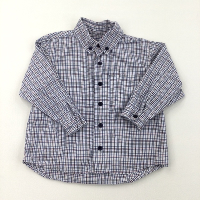 White, Navy & Red Check Long Sleeve Shirt  - Boys 12-18 Months