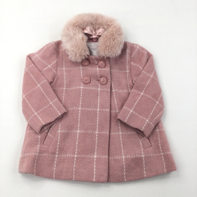 Pink & Cream Check Coat with Removable Faux Fur Collar - Girls 12-18 Months