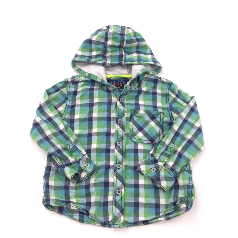 Blue, Green & White Check Hooded Long Sleeve Shirt - Boys 3-4 Years