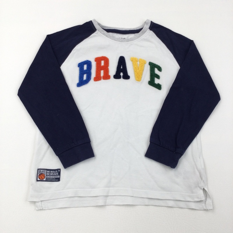 'Brave' White & Navy Long Sleeve Top - Boys 5-6 Years