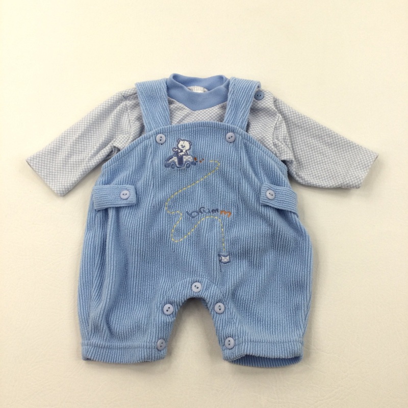 'Brumm' Bear & Car Appliqued Blue Corduroy Dungarees and Checked Long Sleeve Top Set - Boys Petite Baby