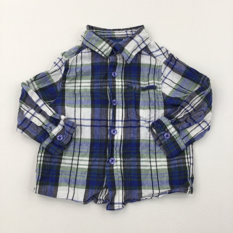 Blue, White & Green Cotton Shirt - Boys 9-12 Months