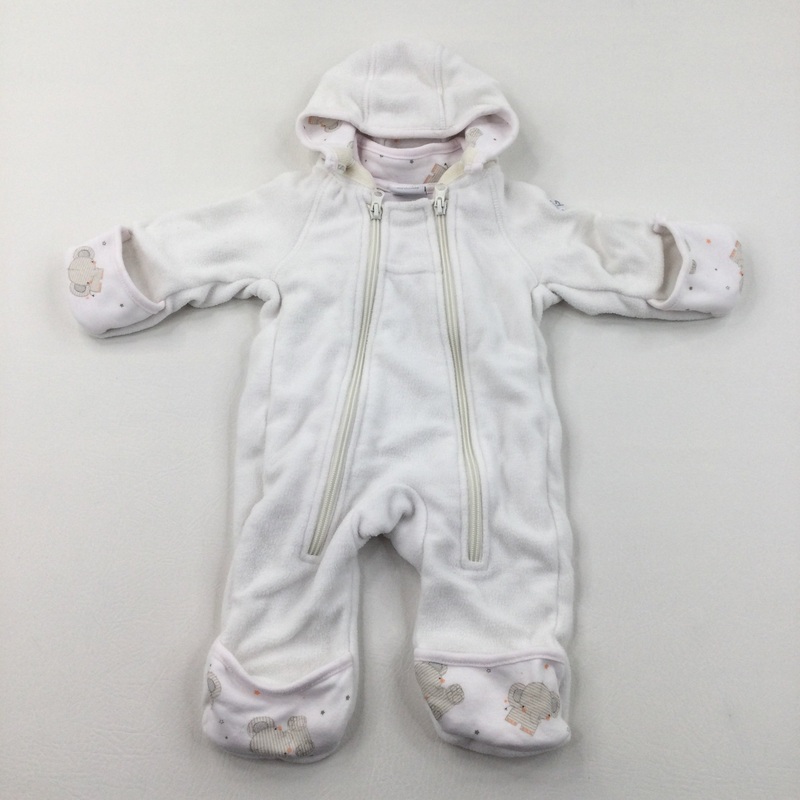 Elephants Cream Fleece Pramsuit with Attached Mitts & Foot Covers - Girls/Boys 0-3 Months