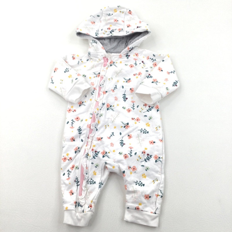 Flowers White Lightweight Hooded Jersey Pramsuit - Girls 3-6 Months