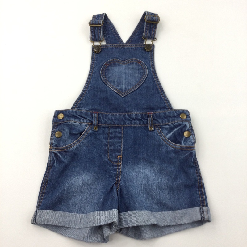 Heart Appliqued Mid Blue Short Denim Dungarees - Girls 5-6 Years