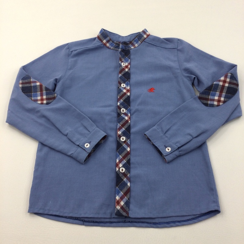 Horse Motif Blue Cotton Shirt with Checked Detail & Elbow Patches - Boys 7-8 Years