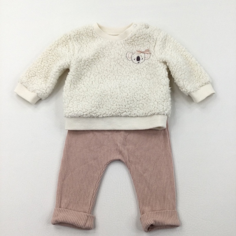 Koala Embroidered Sheepskin Style Jumper and Peach Lightweight Jersey Trousers Set - Girls 0-3 Months