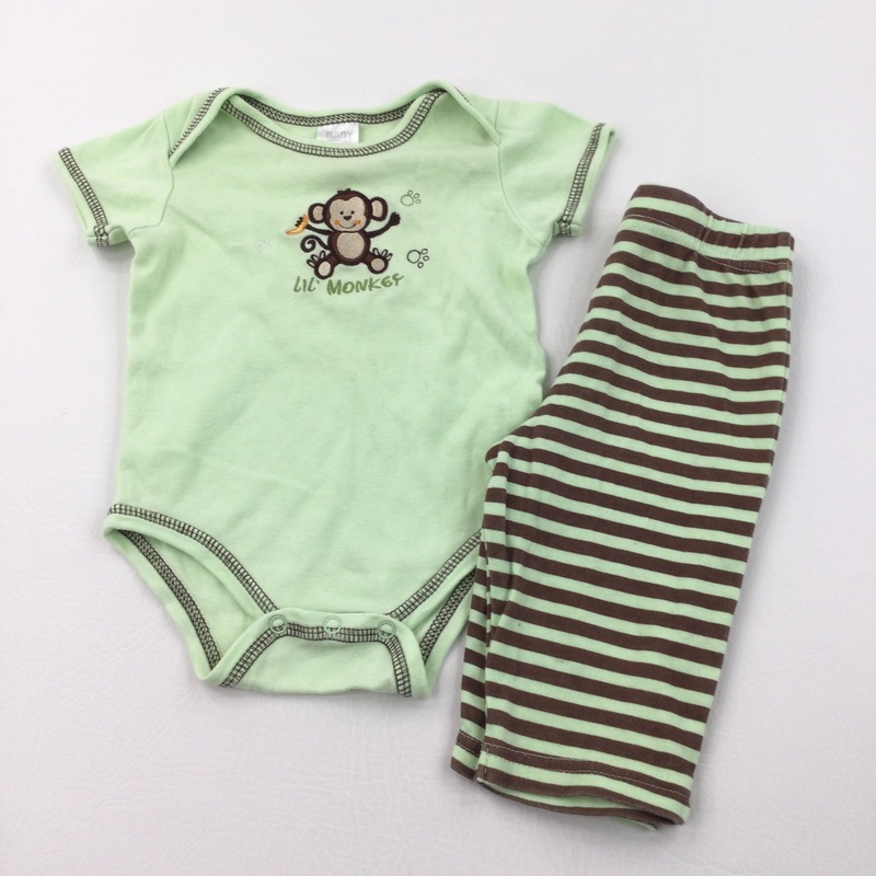'Lil Monkey' Embroidered Green & Brown Short Sleeve Bodysuit & Lightweight Jersey Trousers Set - Boys 3-6 Months
