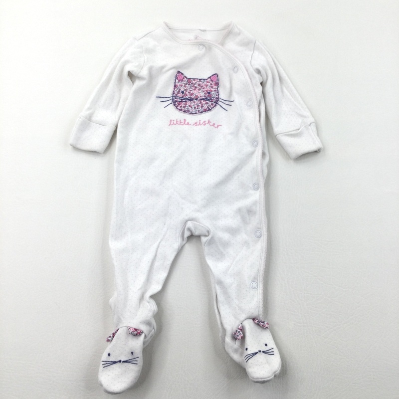 'Little Sister' Cat Appliqued Pink & White Spotty Babygrow with Integrated Mitts - Girls 0-3 Months