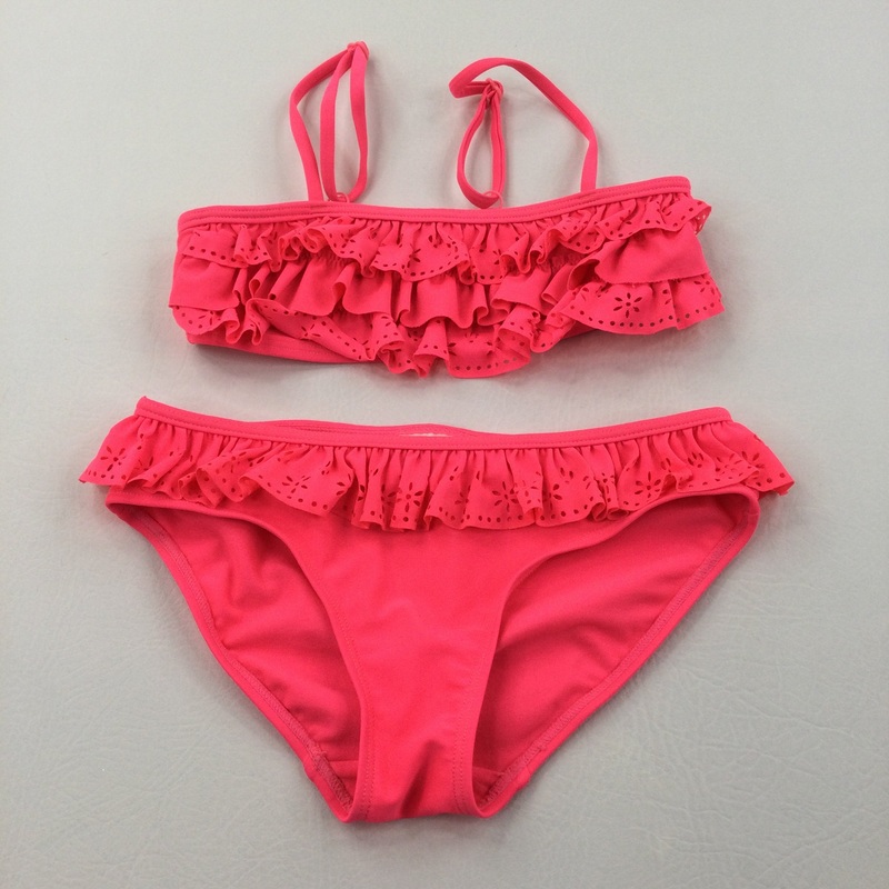 Neon Pink Two Piece Bikini with Frill Detail - Girls 8-10 Years