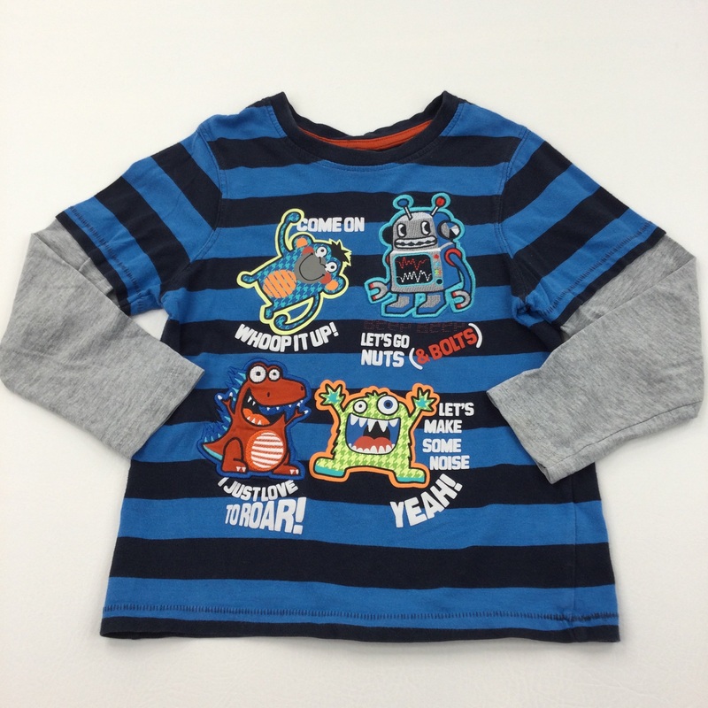 Robots, Monkey & Monsters Navy, Blue & Grey Long Sleeve Top - Boys 5-6 Years