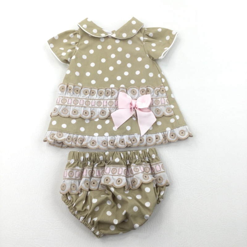 Spotty Taupe & White Corduroy Dress & Nappy Pants Set - Girls Newborn