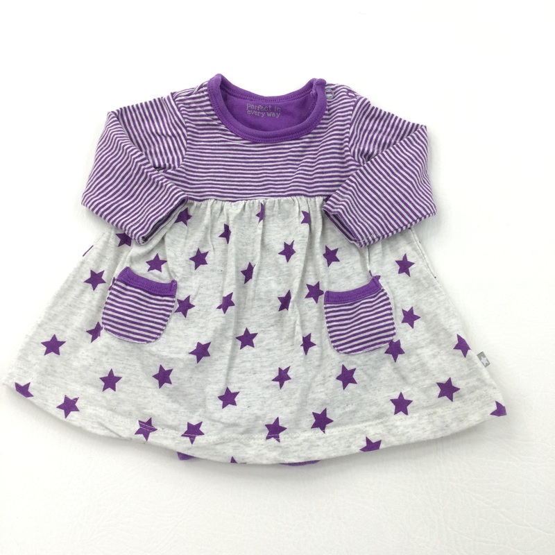 Stars & Stripes Purple & Grey Jersey Dress with Attached Bodysuit - Girls 0-3 Months