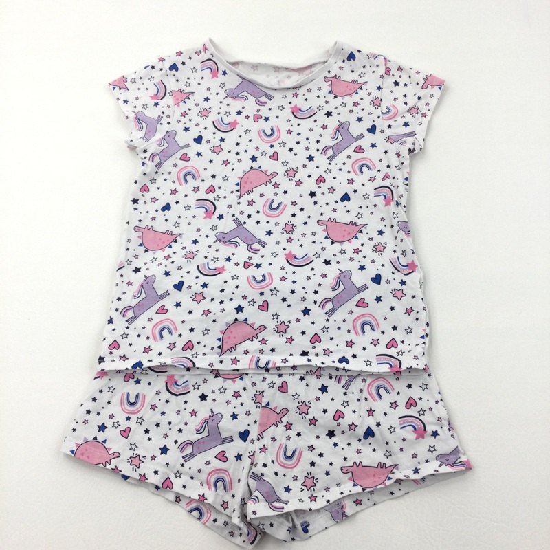 Unicorns & Rainbows White Short Pyjamas - Girls 5-6 Years