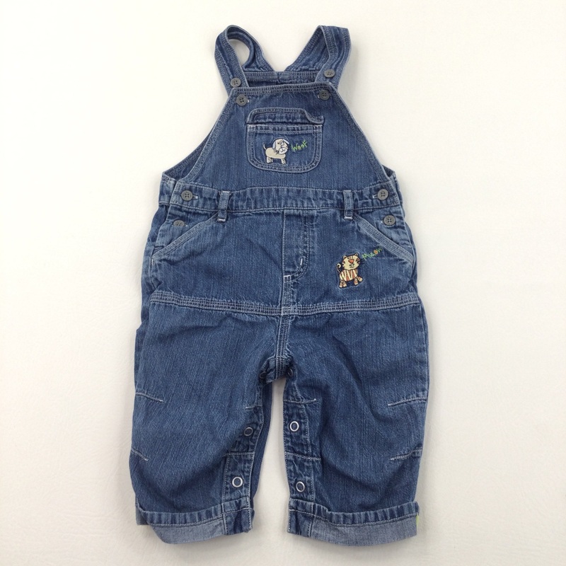 'Woof' Dog Embroidered Mid Blue Denim Dungarees - Boys/Girls 3-6 Months