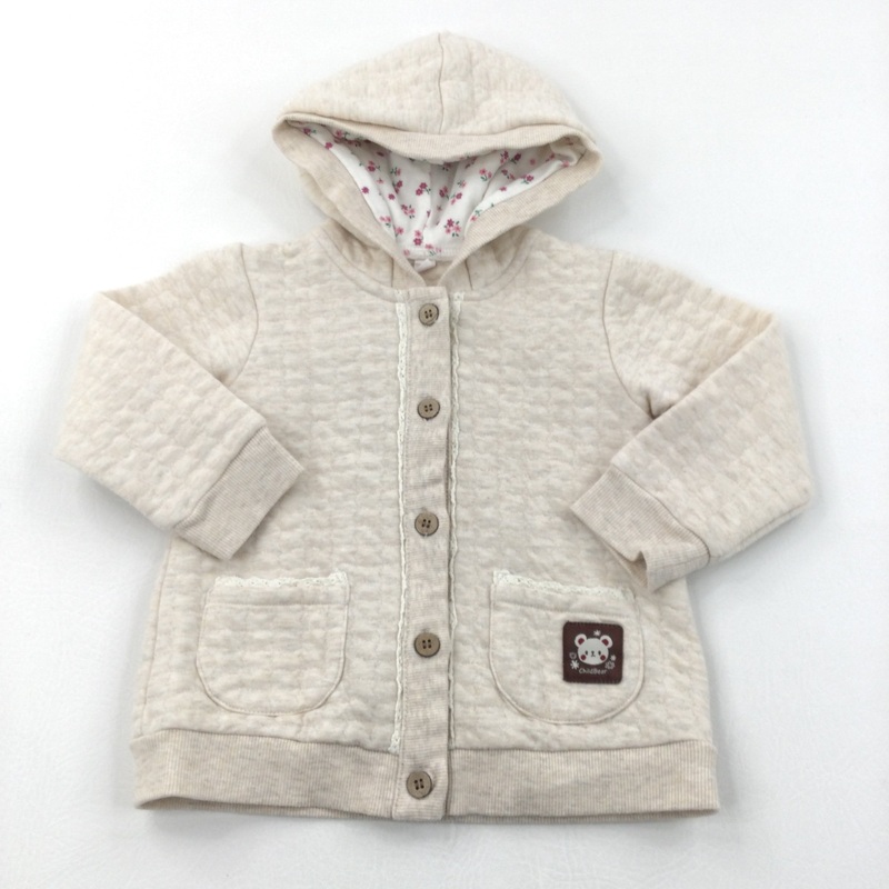 Beige Button Up Lightweight Jersey Jacket with Hood - Girls 18-24 Months