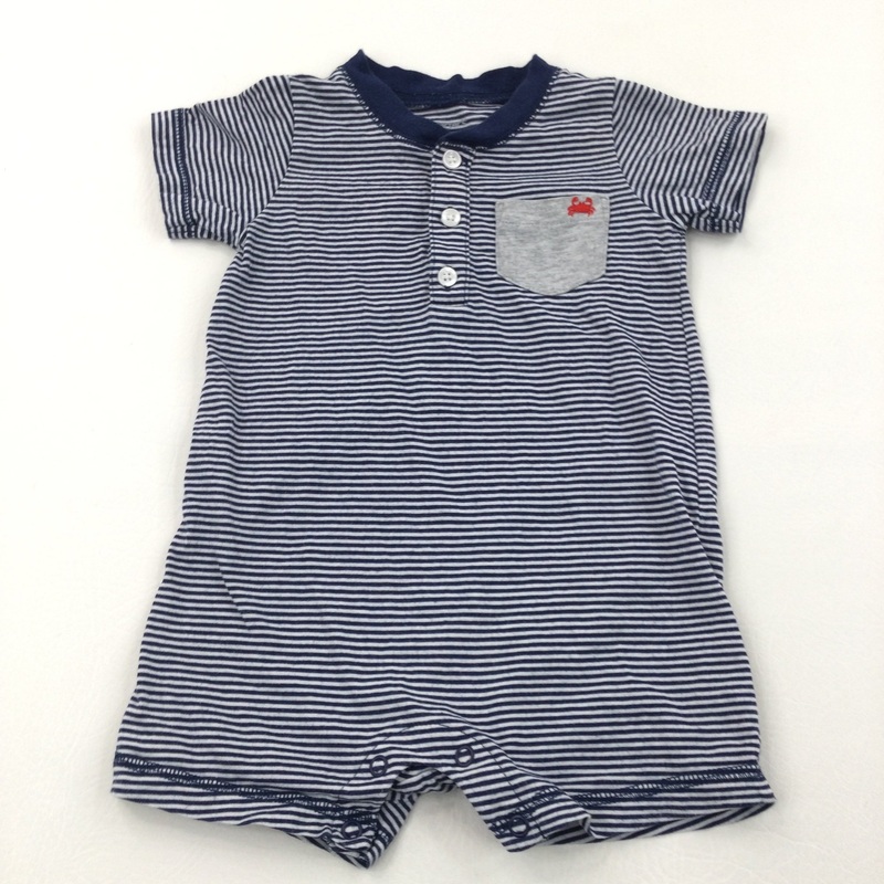 Crab Motif Blue & Navy Striped Short Jersey Romper - Boys 12 Months