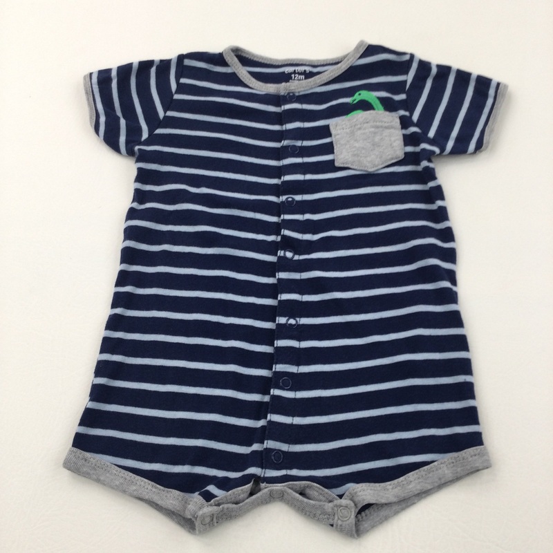 Dinosaur Blue & Navy Striped Short Jersey Romper - Boys 12 Months