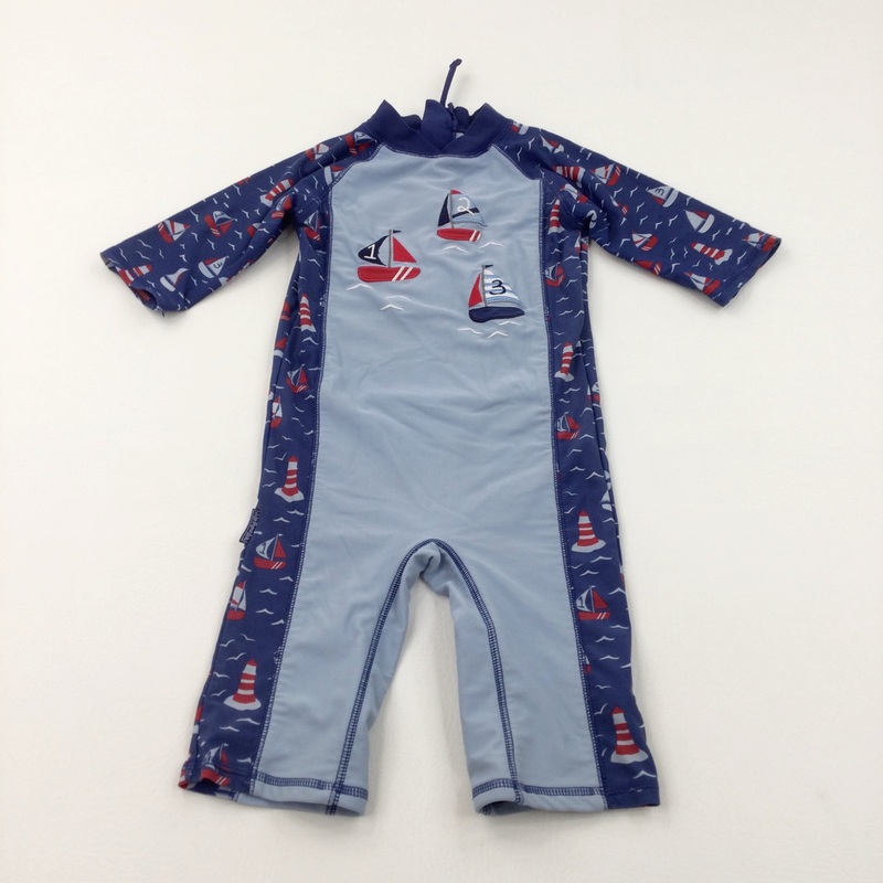 Sailing Boats Appliqued Blue & Navy Sun/Beach Suit - Boys 4-5 Years