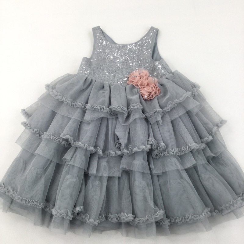 Sequins & Flowers Appliqued Grey & Pink Layered Net Party Dress - Girls 18-24 Months