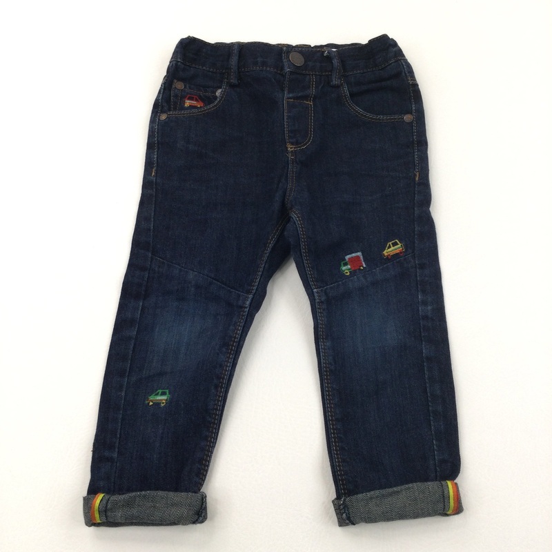 Vehicles Embroidered Dark Blue Denim Jeans with Adjustable Waistband - Boys 18-24 Months