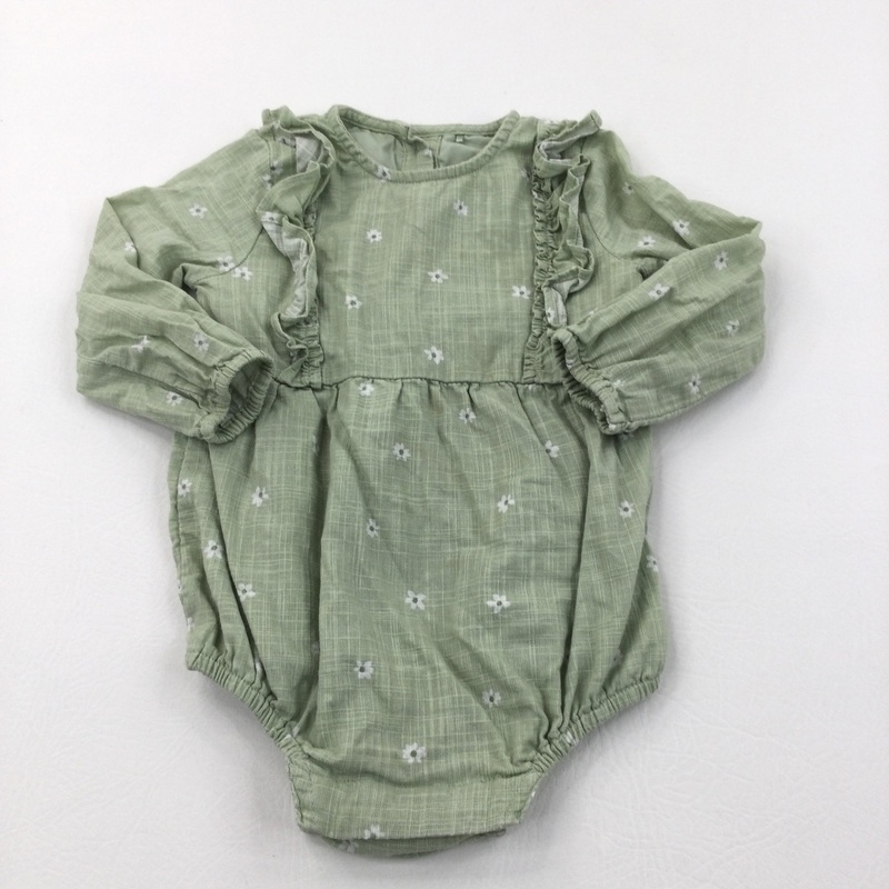 White Flowers Green Cotton Long Sleeve Bodysuit with Frill Detail - Girls 9-12 Months