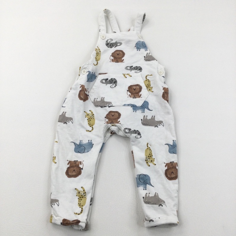 Wild Animals White Jersey Dungarees - Boys 12-18 Months