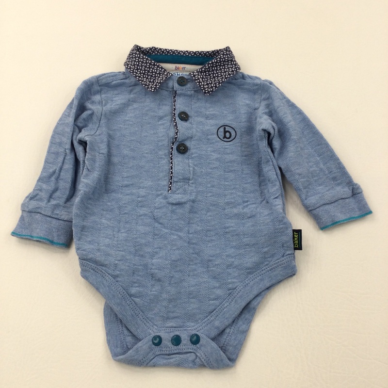 'Baker' Blue Navy & Blue Textured Polo Shirt Style Long Sleeve Bodysuit - Boys 0-3 Months