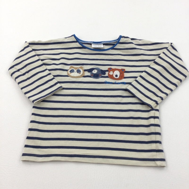 'Best Friends' Animals Appliqued Cream & Navy Striped Long Sleeve Top - Boys 12-18 Months