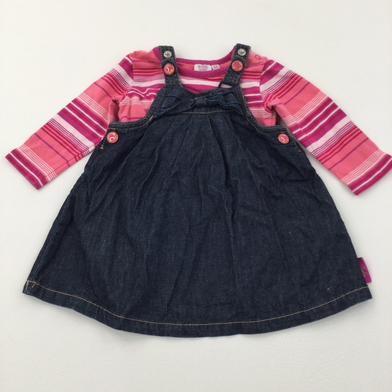 Dark Blue Denim Dungaree Dress & Pink Striped Long Sleeve Top Set - Girls 3-6 Months