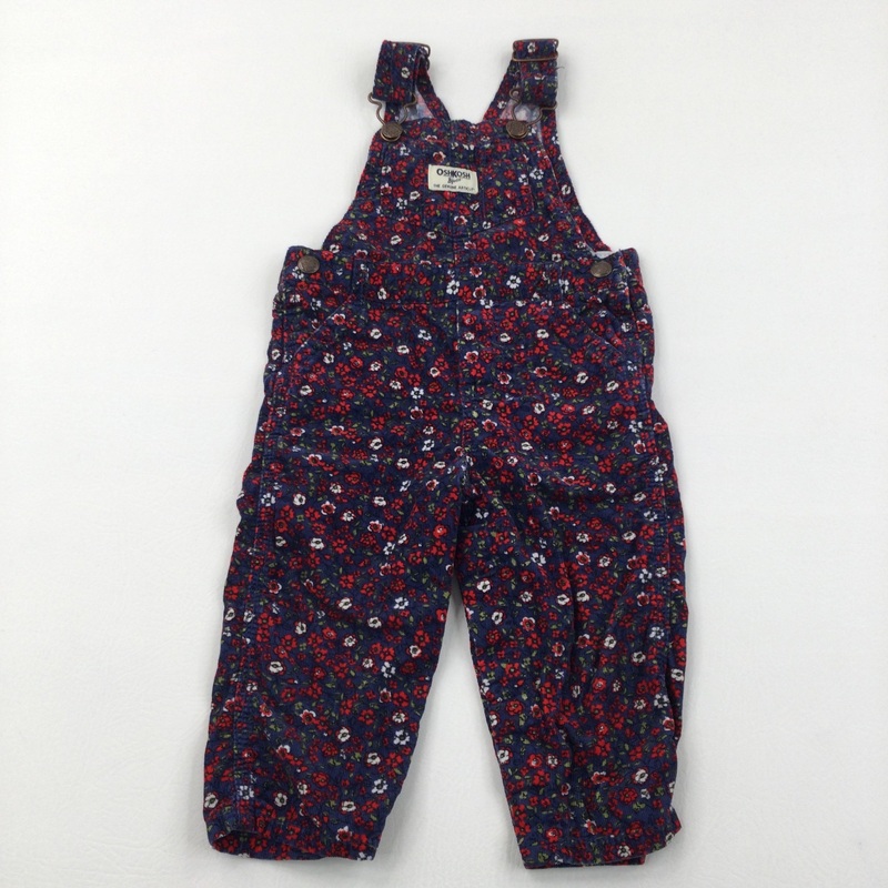 Flowers Red & Blue Lightweight Corduroy Dungarees - Girls 12 Months