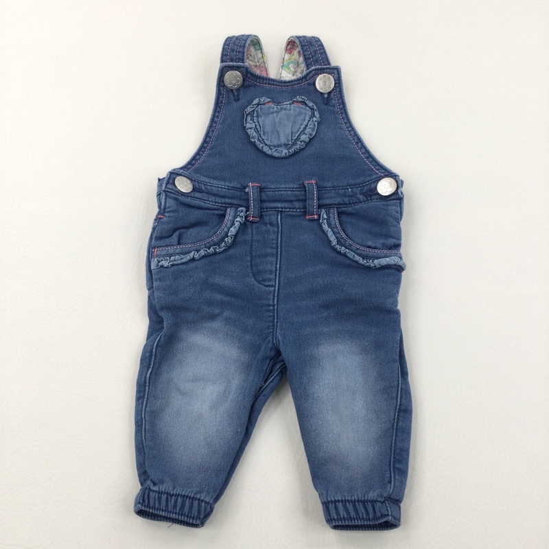 Heart Appliqued Mid Blue Denim Dungarees - Girls 0-3 Months