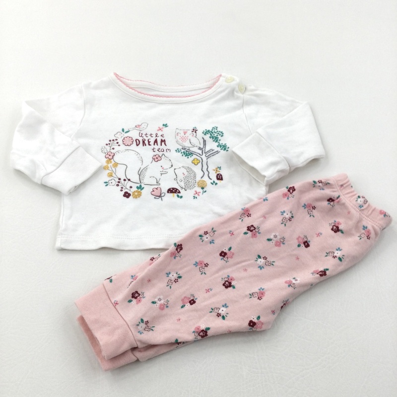 'Little Dream Team' Squirrel, Hedgehog & Birds Pink & White Pyjamas - Girls 3-6 Months