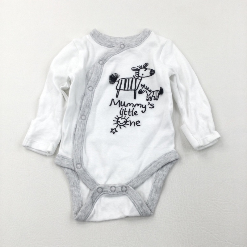 'Mummy's Little One' Zebras Embroidered White & Grey Long Sleeve Bodysuit - Boys/Girls 0-3 Months